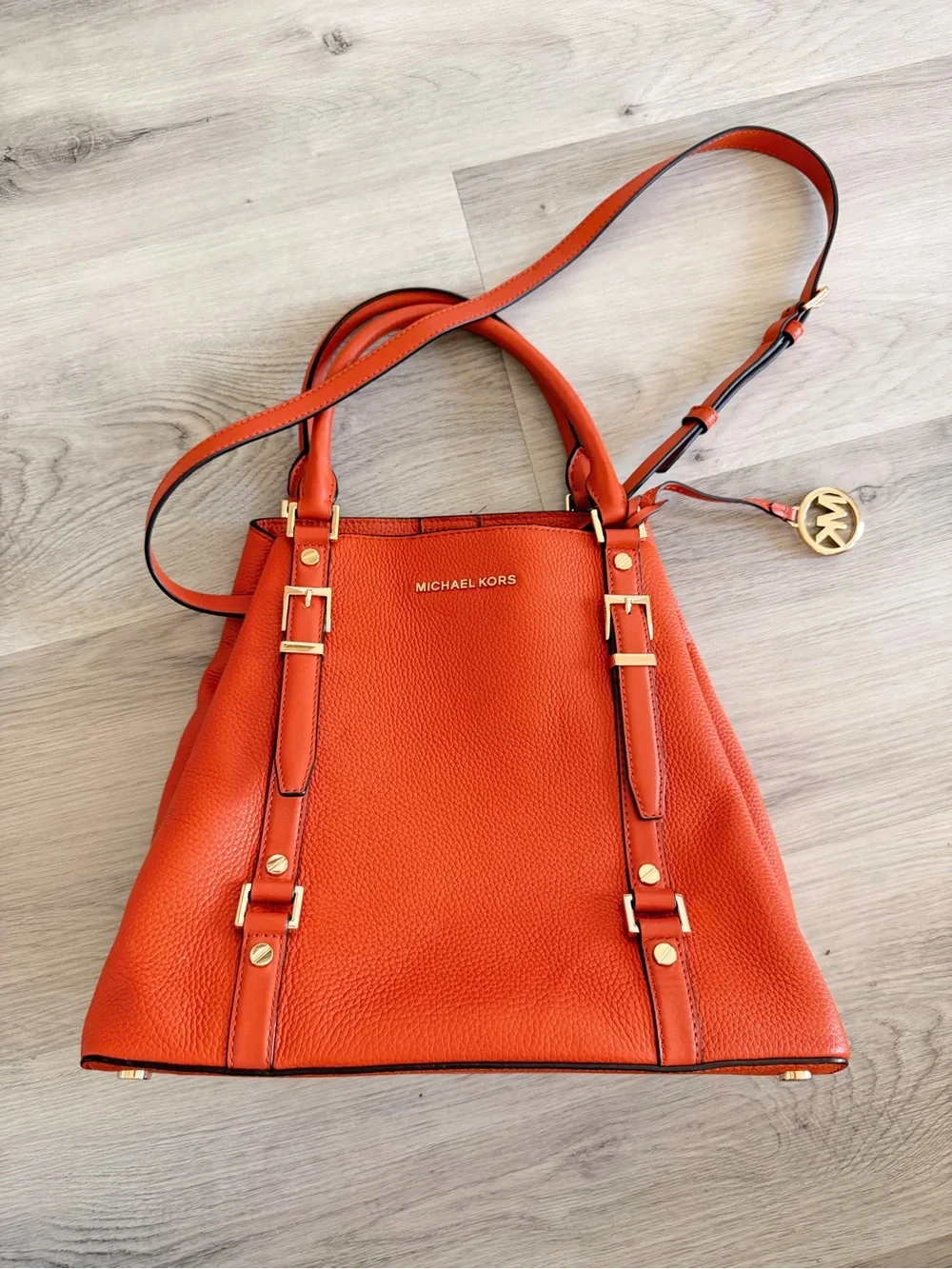 Michael Kors Orange Pebbled Leather Satchel with Gold Accents